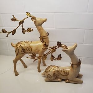Vtg Set Of 2 Gold embossed marbel resin Stag Deers Figurines  Home Decor Holiday